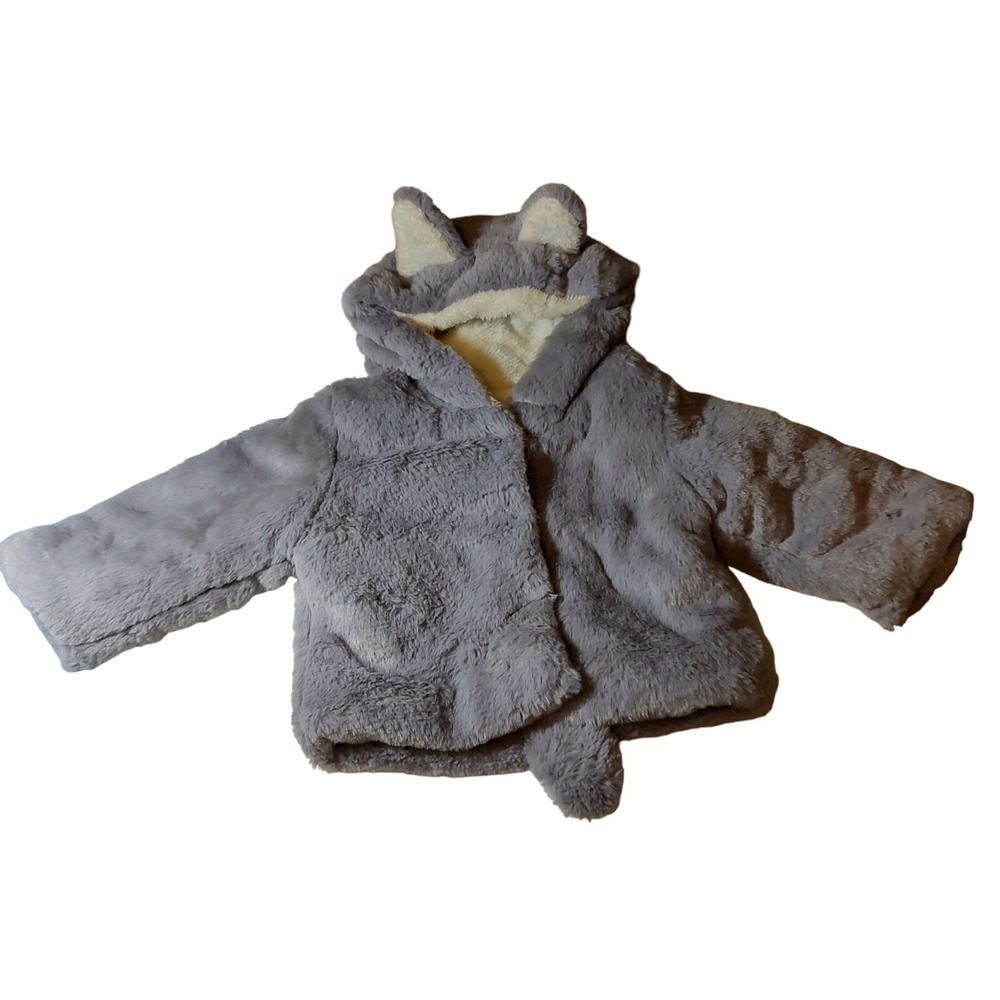 Baby Winter‎ Coat Fluffy Warm Gray Hooded Tail and Fox Ears Size 3 To 6 Months